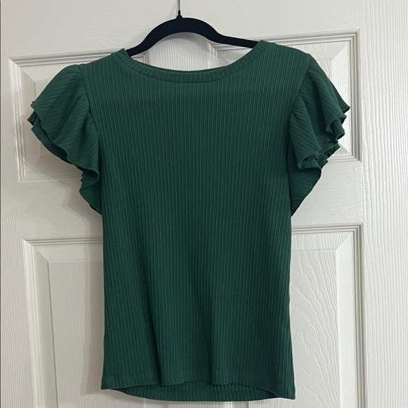LOFT Dark Green Ruffle Sleeve Ribbed Top - Picture 1 of 5